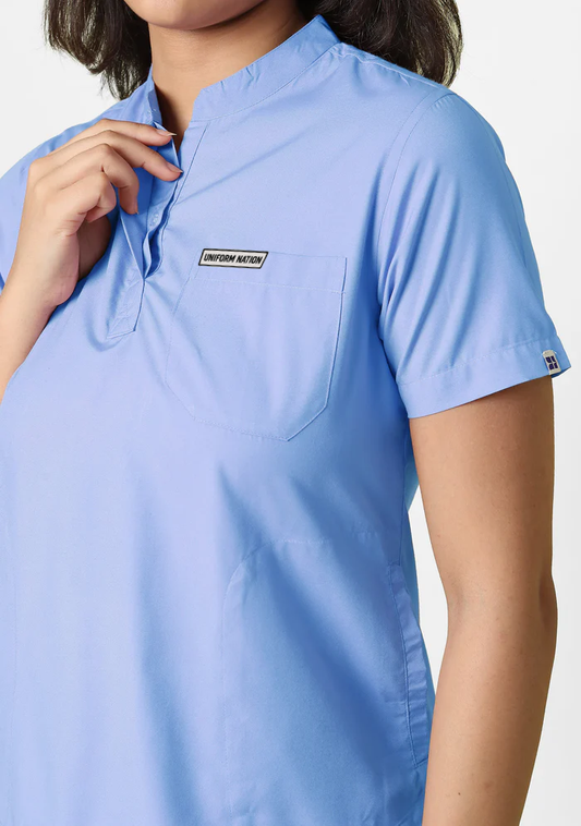 Women's Scrubs - Classic Mandarin Collar Color Ceil Blue